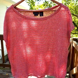 Tahari, cap-sleeve 100% linen red/white striped top women size L